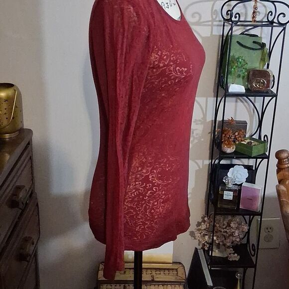 π«π«π«MUDDβY2k Red Lace Long Sleeve Sheer Top Medium - Picture 3 of 5